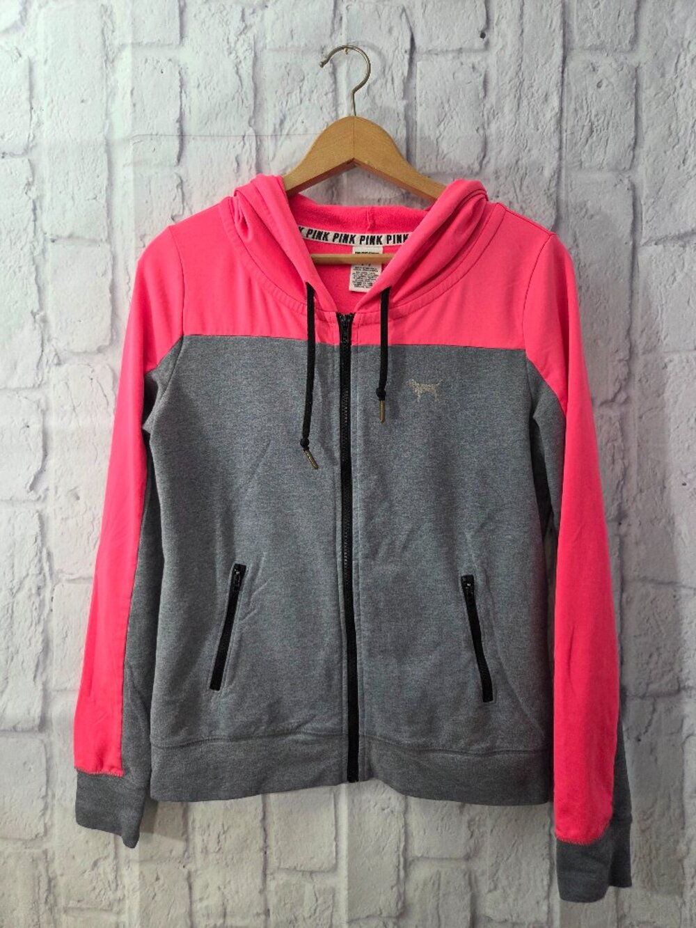 PINK Victoria's Secret Small Gray Hot Pink Full Zip Hooded Lightweight Jacket